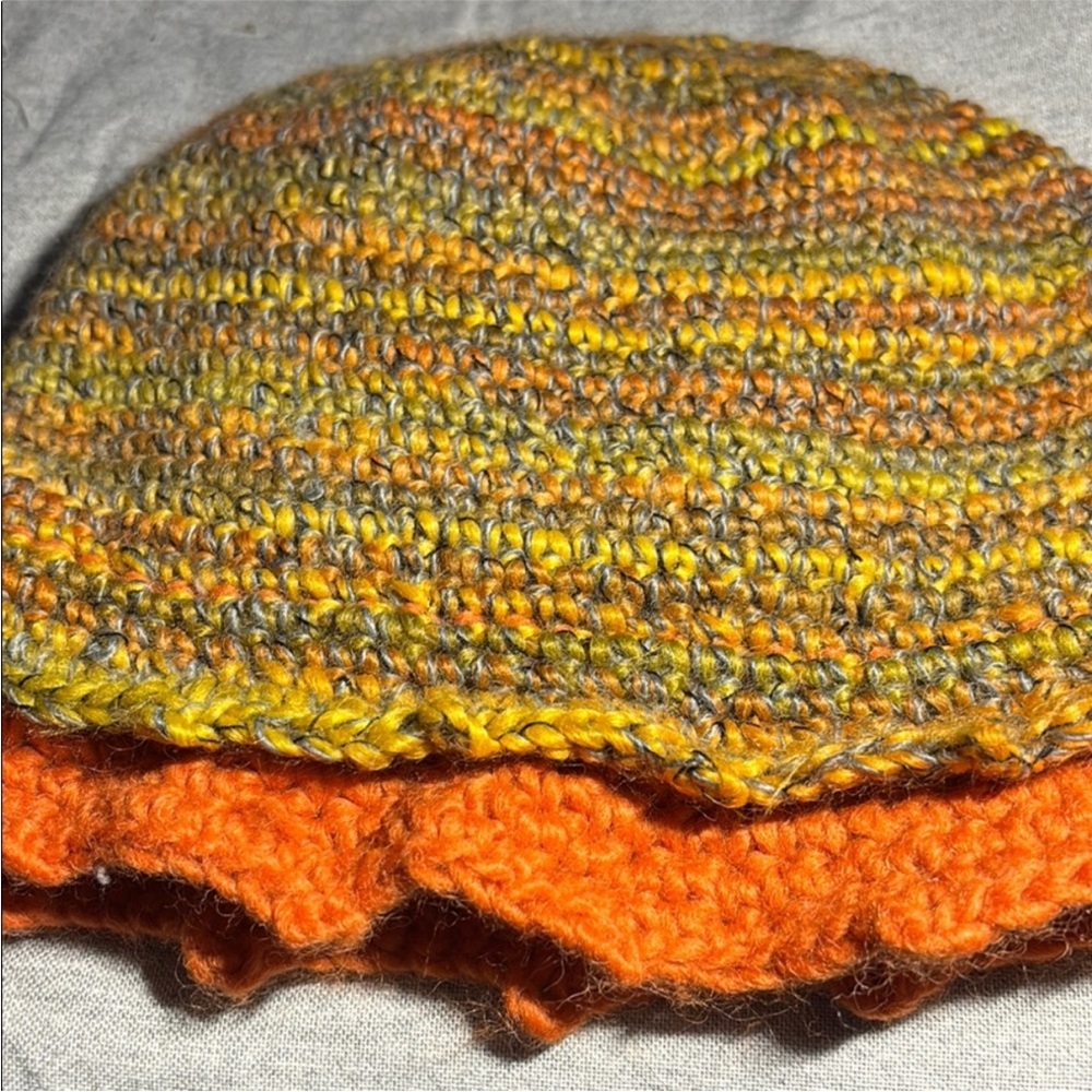 Handmade Multicolor Knit Hat with Orange and Yellow Accents - Picture 4 of 5